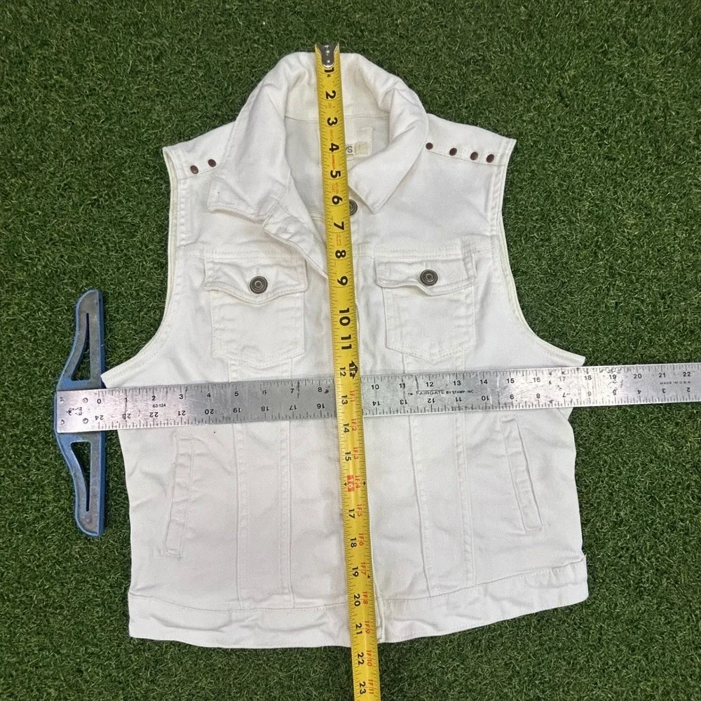 OVS White Denim Vest Studded Shoulder Sleeveless Button Front Jacket Large